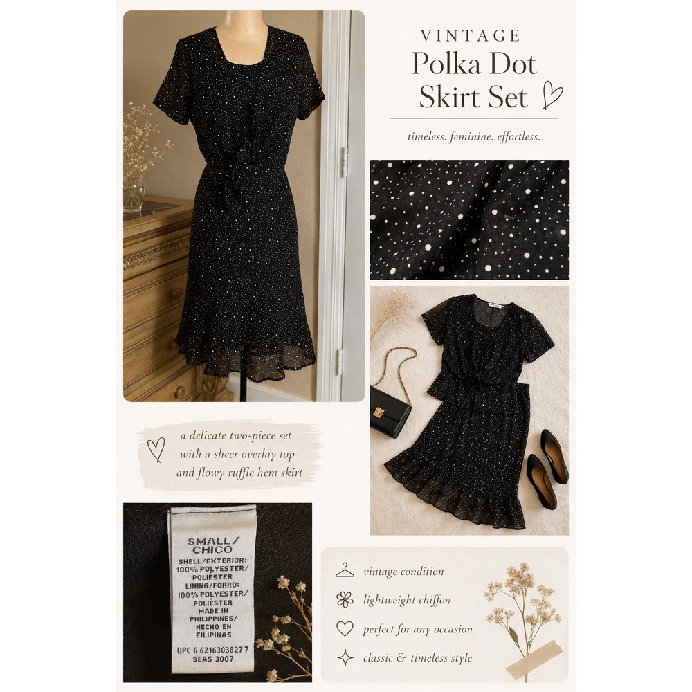 Y2K Black Polka Dot Skirt Set | Sheer Layered Blouse‎ & Ruffle Hem Skirt size S